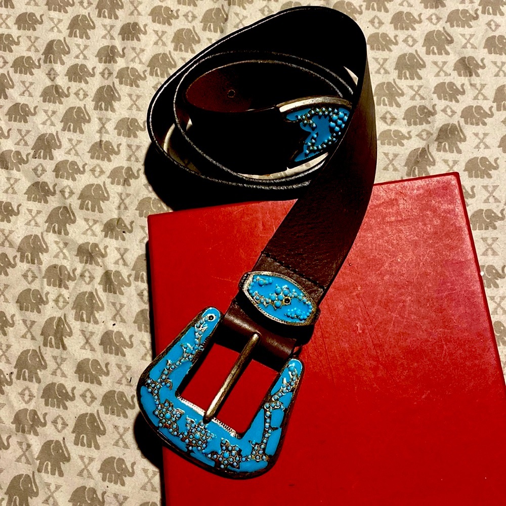 Adele Fado Vintage Large Blue Buckle Leather Belt Made in Italy 🇮🇹